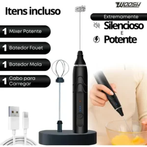 Mixer Elétrico Portátil 2 em 1 Recarregável Potente Misturador de Bebidas e Ovos 3 Velocidades Usb Batedor e Fue Fouet Marca Woosh - Imagem 3