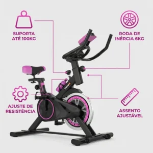 Bicicleta Ergométrica Bike Spinning Garrafa 6kg Sensação Inércia Com Medidor Cardíaco Fitness Preto e Rosa Sevenfit Para Cardio E Musculação - Imagem 3
