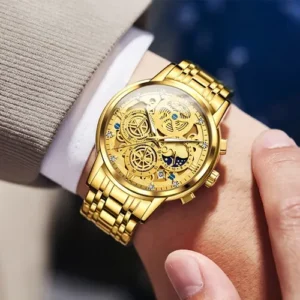 Olevs Relógio Masculino Original Quartzo Dourado Aço 9947 - Imagem 3