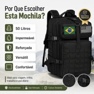 Mochila Tática Militar 50l Bagear Masculina Reforçada Impermeável Ideal Para Trabalho Viagem Camping Caça Pesca Com 2 Patch Bandeira Brasil Eua Cor Preta - Imagem 4