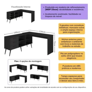 Mesa de Escritório em L com 3 Gavetas Porto Multimóveis MP6044 Preto - Imagem 3