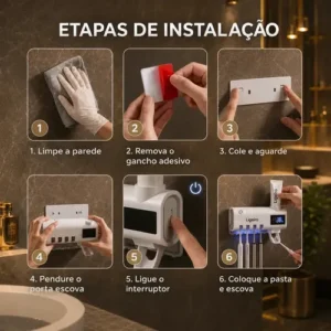 Dispenser Pasta De Dente Com Porta Escova Suporte De Parede Para 4 Escovas Branco Esterilizador Uv Ligeiro - Imagem 5