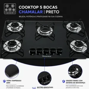 Fogão Cooktop Gás 5 Bocas Ultra Chama 127v/220v Preto - Imagem 4