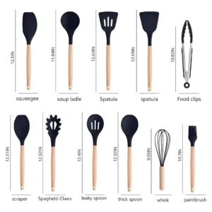 Kit19 Utensílios Silicone C/ Cabo De Madeira E Facas Em Inox - Imagem 2