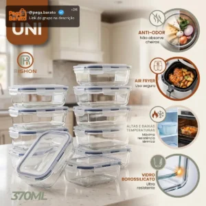 Kit 10 Pote De Vidro Marmita Hermético 370ml Freezer Fitness Rishon - Imagem 1