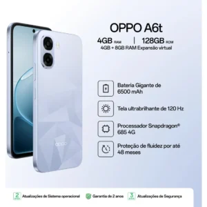 Smartphone Oppo A6t 5G 128gb, 12gb Ram (4gb + 8gb Virtual Ram), Bateria gigante de 6500 mAh, AI Câmera 50MP, Tela 120Hz, NFC, IP64 - Azul Cristal - Imagem 3