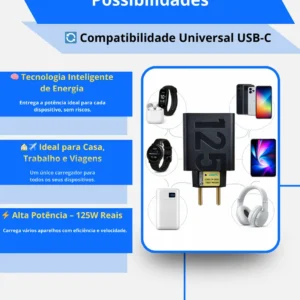 Fonte Carregador Turbo 125w Usb-c Bivolt Compatível Samsung Motorola Xiaomi iPhone | Arca7 - Imagem 2
