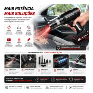 Aspirador De Pó Portatil Recarregável Turbo Com Bateria 48v 3000mah Sem Fio Automotivo Elétrico Soprador Para Casa Carro Escritório Preto 127/220v - Multicontrol - Imagem 8