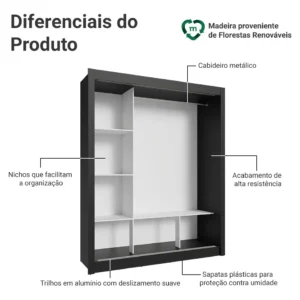 Guarda Roupa Casal Mônaco Madesa 3 Portas Correr Espelho Pr Cor Preto/Rustic 1093D81E - Imagem 4
