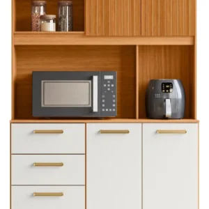 Armário Compacto Kit Cozinha Poliman Com 5 Portas 2 Gavetas Sicília Médio Mdp Pintura Uv Branco Cor Freijó Off Ripado Frisado - Imagem 3