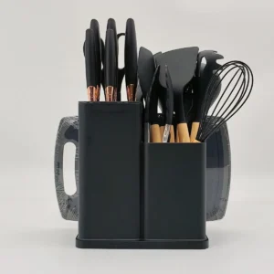 Kit19 Utensílios Silicone C/ Cabo De Madeira E Facas Em Inox - Imagem 6