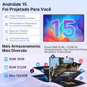 Tablet Hancdon S12 Android 15 12GB RAM 512GB Memória 11,6" Dual SIM Wi-Fi Kit Completo Com Teclado Mouse e Caneta Cor Cinza - Imagem 5
