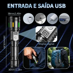 Lanterna Tática Led Zoom 3600lm 2km Alto Luz Potente Usb Recarregável Vem com 2 baterias modelo 18650 Enfit Vida - Imagem 6