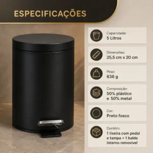 Lixeira 5 Litros Com Pedal Tampa Banheiro Cozinha Luxo - Imagem 7