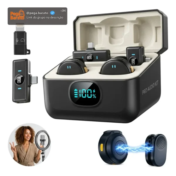 Microfone Lapela Redondo Sem Fio Duplo Imã Android E Iphone