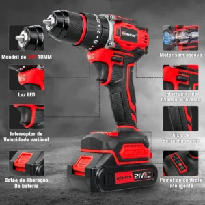 Parafusadeira Furadeira De Impacto Sem Fio 2 Baterias 21v Vermelho - Imagem 8