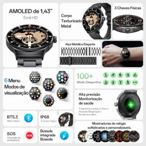 Relógio Inteligente Aolon Prime3 Tela Amoled AGPS 1.43 Aod IP68 Faz Chamadas 1atm Preto - Imagem 4