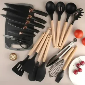 Kit19 Utensílios Silicone C/ Cabo De Madeira E Facas Em Inox - Imagem 7