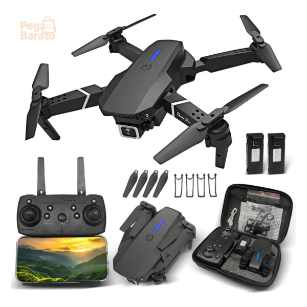Mini Drone E88 Pro Com Câmera Dupla Wifi Com Case 2 Baterias + SCORELL Mini Controle Remoto Drone 2.4 Ghz