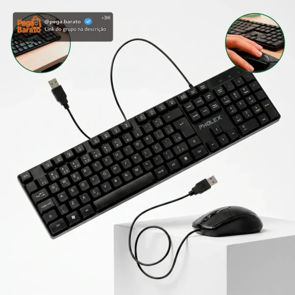 Kit Teclado E Mouse Óptico Usb Com Fio Abnt2 Pc E Notebook Pholex