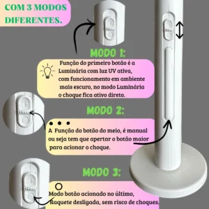 Raquete Elétrica Recarregável Branca Mata Mosquistos Luz Uv - Imagem 3