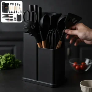 Kit19 Utensílios Silicone C/ Cabo De Madeira E Facas Em Inox - Imagem 8