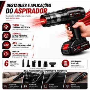 Aspirador De Pó Portatil Recarregável Turbo Com Bateria 48v 3000mah Sem Fio Automotivo Elétrico Soprador Para Casa Carro Escritório Preto 127/220v - Multicontrol - Imagem 6