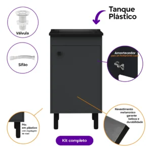 Tanque De Lavar Roupa Com Gabinete Cinza Grafite| Kit Com Tanque 26 l Plástico Preto, Válvula E Sifão| Armário Para Área De Serviço Cinza Chumbo 100% Mdf Entregue Montado | Qualidade Premium EJV Shoop - Imagem 7