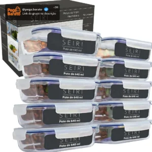 Kit 10 Pote De Vidro Marmita Hermético 640ml Freezer Fitness Borossilicato 4 Travas Micro-ondas Azul-Escuro - Imagem 1