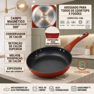 Frigideira Cerâmica 24cm Antiaderente Grande Fogão A Gás Indução Cooktop Elétrico Panela Frita Sem Óleo Não Gruda Rishon Vermelha - Imagem 1