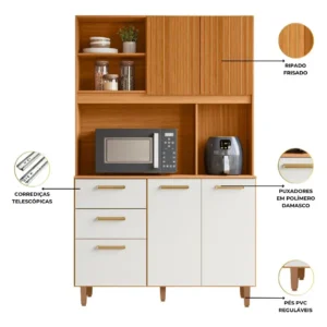 Armário Compacto Kit Cozinha Poliman Com 5 Portas 2 Gavetas Sicília Médio Mdp Pintura Uv Branco Cor Freijó Off Ripado Frisado - Imagem 5