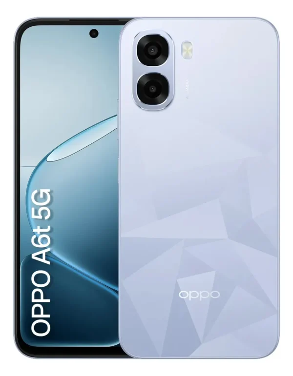 Smartphone Oppo A6t 5g 256gb, 24gb Ram (8gb + 16gb Virtual Ram), Bateria gigante de 6500 mAh, AI Câmera 50MP, Tela 120Hz, NFC, IP64 - Azul Cristal