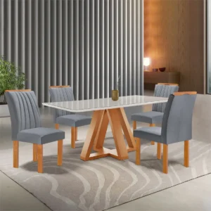 Conjunto Mesa Jantar Vidro 4 Cadeiras Madeira Cinza Kyra Cel Móveis - Imagem 1