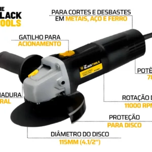Esmerilhadeira lixadeira angular 750w 4.1/2 pol 115mm 11000rpm com maleta e discos bta780d The Black Tools - Imagem 4