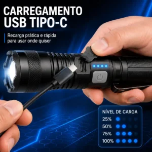 Lanterna Militar Tatica LED CREE Mais Forte do Mundo Ultra Potente 1Km Zoom Alto Brilho Resistente Agua Sitio Fazenda Brielli Home - Imagem 6