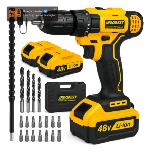 Parafusadeira Furadeira 48V Profissional Sem Fio Com 2 Baterias Recarregáveis Maleta 10mm Reversível Kit Brocas Soquetes Carregador 340w 1550 Rpm Cor Amarelo Bivolt - Imagem 1