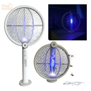 Raquete Elétrica Recarregável Branca Mata Mosquistos Luz Uv - Imagem 1
