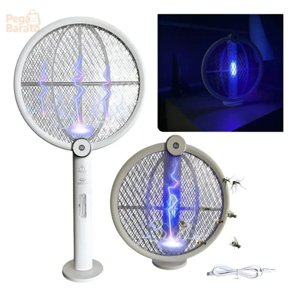 Raquete Elétrica Recarregável Branca Mata Mosquistos Luz Uv