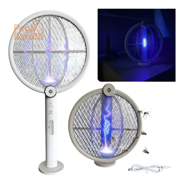 Raquete Elétrica Recarregável Branca Mata Mosquistos Luz Uv