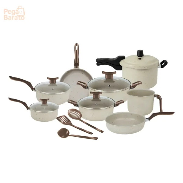 Jogo De Panelas 11 Peças Dona Chefa Baunilha Antiaderente Com Panela De Pressão 4,5l E Utensílios Nylon