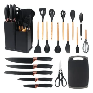 Kit19 Utensílios Silicone C/ Cabo De Madeira E Facas Em Inox - Imagem 5