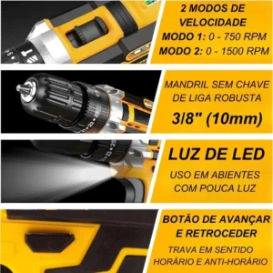 Parafusadeira Furadeira de impacto 3 Funções Profissional 2 Baterias Sem Fio Cor Amarelo - Imagem 5