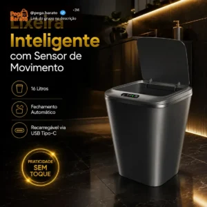 Lixeira Inteligente Automática Preta Universal Com Sensor Hearbuds Recarregável Anti Odor 16L - Imagem 1