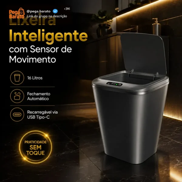 Lixeira Inteligente Automática Preta Universal Com Sensor Hearbuds Recarregável Anti Odor 16L