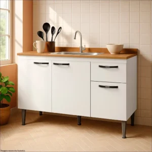 Gabinete de Pia 1,20 Balcão de Cozinha Multiuso 3 Portas Armário de Pia Armário de Cozinha 120x80x52cm Organizador para Pia Cor Branco Ideal para cozinha compacta e área de serviço Porta Panela Branco - Imagem 1