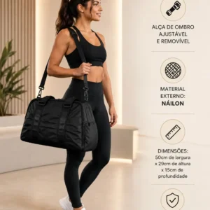 Bolsa Feminina Blogueira Esportiva Fitness Academia Chaveiro Cor Preto Desenho Do Tecido Liso - Imagem 4