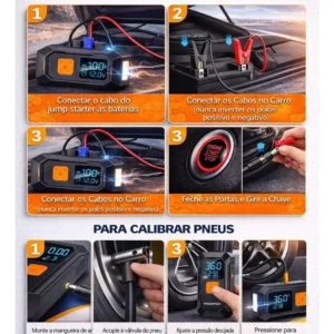 Auxiliar Partida Bateria Compressor Ar Inteligente Emergência Portátil Veicular Com Compressor De Ar, Pares Portátil Compressor Ar Veicular - Imagem 4