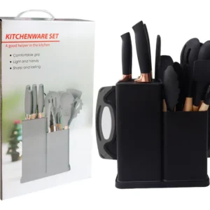Kit19 Utensílios Silicone C/ Cabo De Madeira E Facas Em Inox - Imagem 4