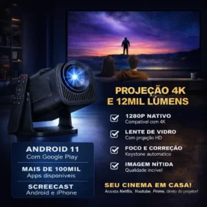 Projeto Hy320 Smart TV Android 11 WiFi6 390 ANSI Lumens Full HD 4K Mini Projeto Portátil Preto com Controle Remoto Bluetoth Cinema Em Casa - Imagem 3