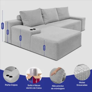 Sofá Evo. 2,70m Molas Ensacadas Com Chaise Esq. Cama Inbox - Imagem 4